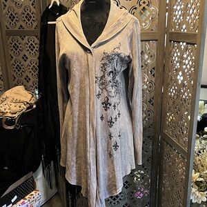 NWOT Stylish Grayish Hooded Cardigan with with rhinestone Embellishments.